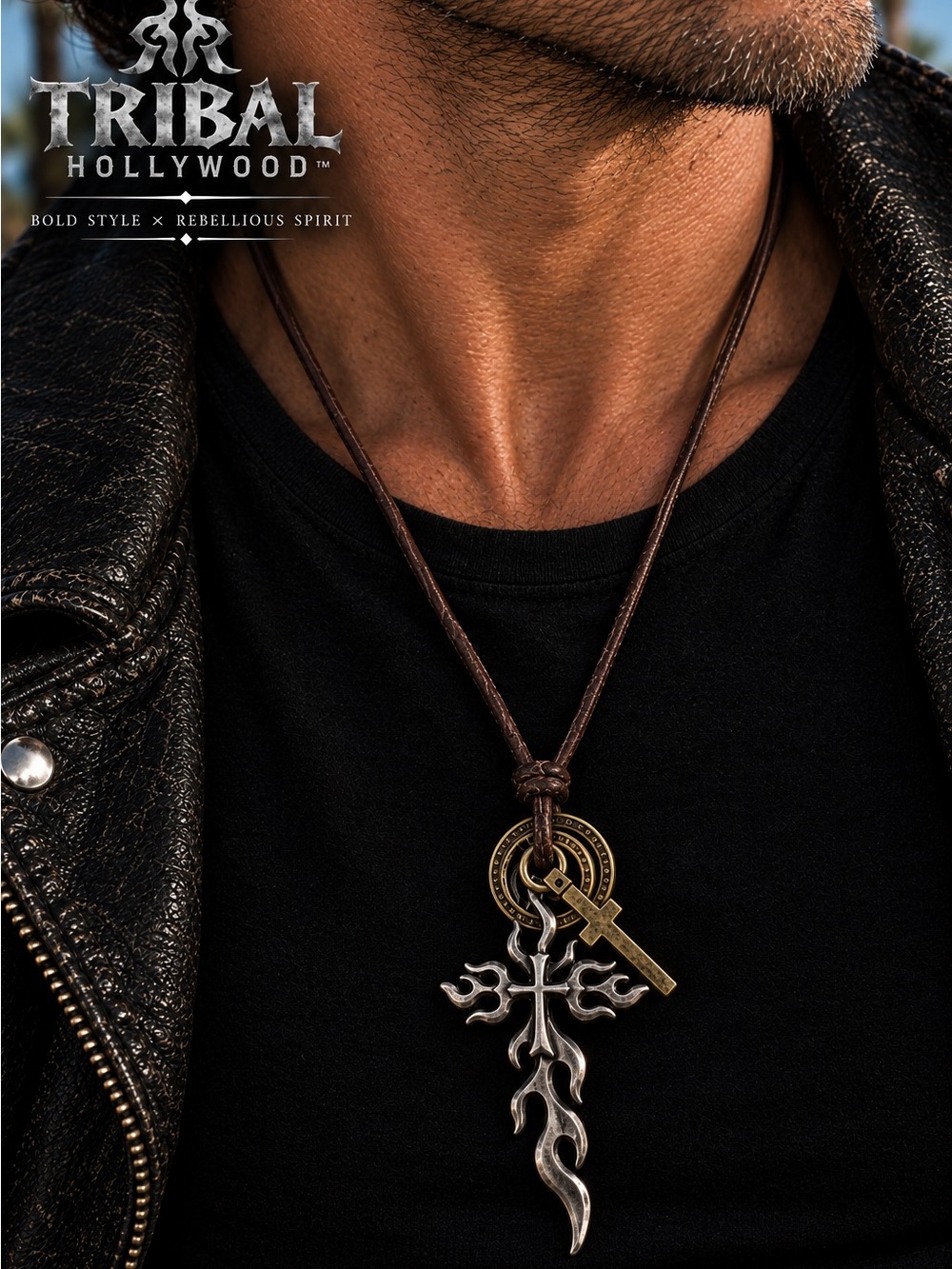 NEW Tribal Hollywood SS Tribal Flame Cross Leather Necklace, Adjustable 8”-30”